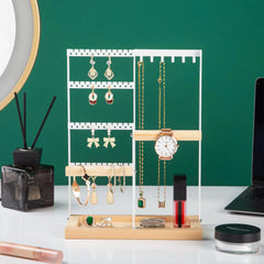 4-Tier Jewelry Organizer Stand β Multi-Level Earring, Necklace & Bracelet Holder with Wooden Tray, White