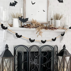 Felt Bats Wood Bead Garland – 5ft Spooky Rustic Halloween Decor with Natural Jute Rope