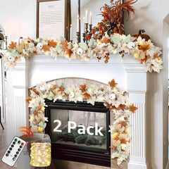 Neutral Fall Garland Set – 2-Pack 6FT Autumn Leaf Garlands with Pumpkins & Pinecones for Farmhouse & Boho Decor