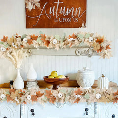 Neutral Fall Garland Set – 2-Pack 6FT Autumn Leaf Garlands with Pumpkins & Pinecones for Farmhouse & Boho Decor