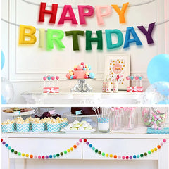 Pre-Strung Happy Birthday Banner Set - Reusable Felt Ball Garland & Triangle Flag Decor in Vibrant Rainbow Colors