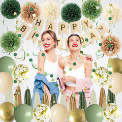 Sage Green Birthday Party Decorations – Complete Kit with Banner, Pompoms, Garland & Balloons for Women & Girls