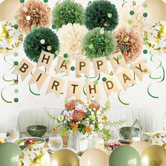 Sage Green Birthday Party Decorations – Complete Kit with Banner, Pompoms, Garland & Balloons for Women & Girls