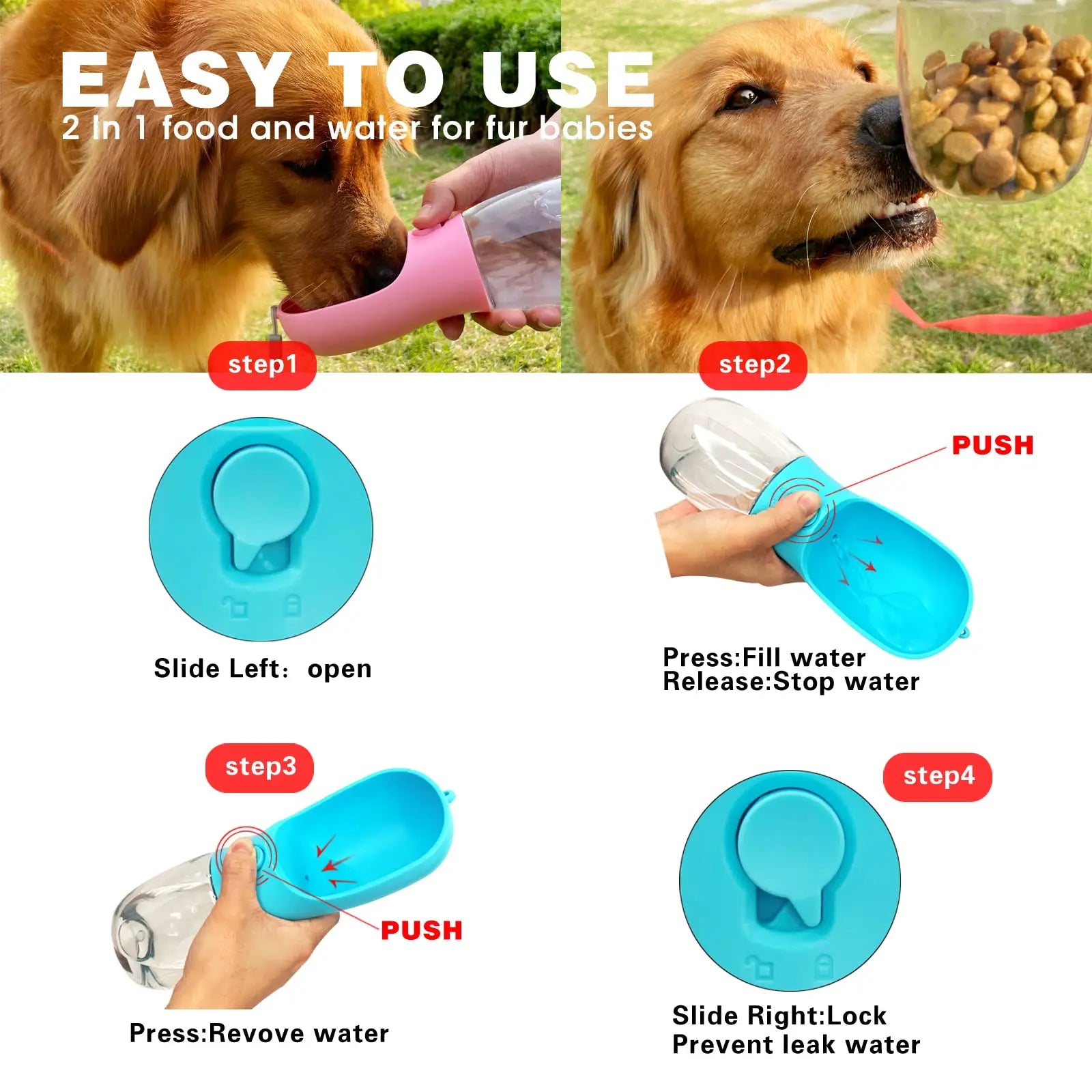 2-in-1 Pet Water Bottle & Food Container – Choose Your Size: 10oz or 19oz Portable Dispenser with Carbon Filter