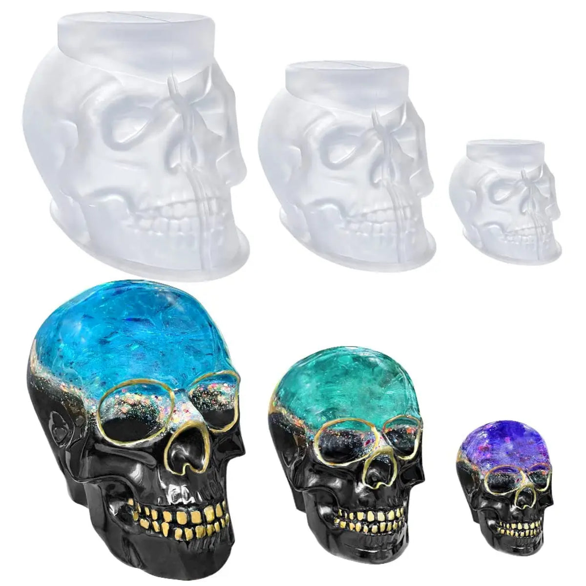 3D Skull Silicone Molds – Set of 3 Flexible Skull Molds for Resin, Candles, Soap & Crafts