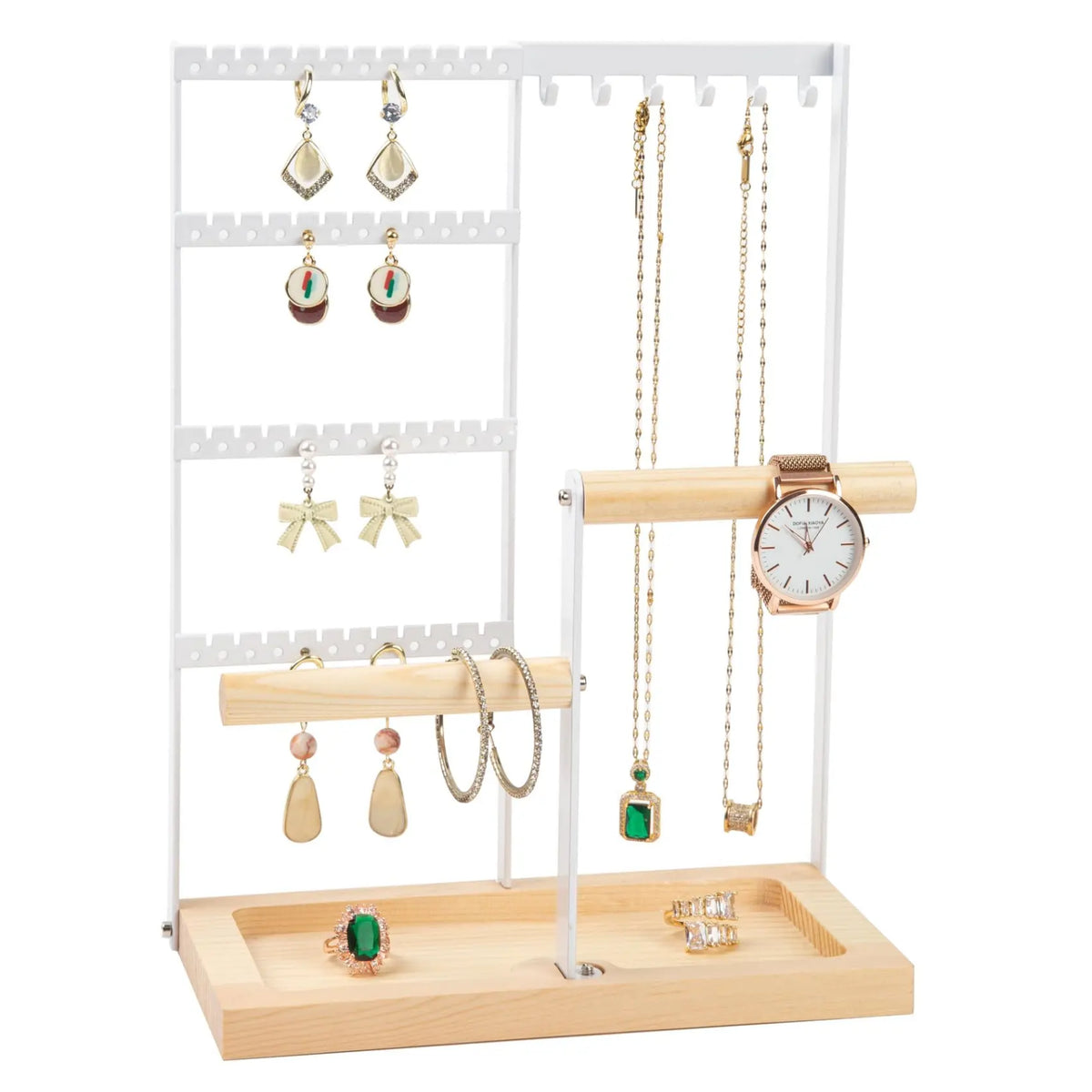 4-Tier Jewelry Organizer Stand – Multi-Level Earring, Necklace & Bracelet Holder with Wooden Tray, White