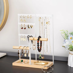 4-Tier Jewelry Organizer Stand – Multi-Level Earring, Necklace & Bracelet Holder with Wooden Tray, White