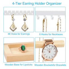 4-Tier Jewelry Organizer Stand – Multi-Level Earring, Necklace & Bracelet Holder with Wooden Tray, White