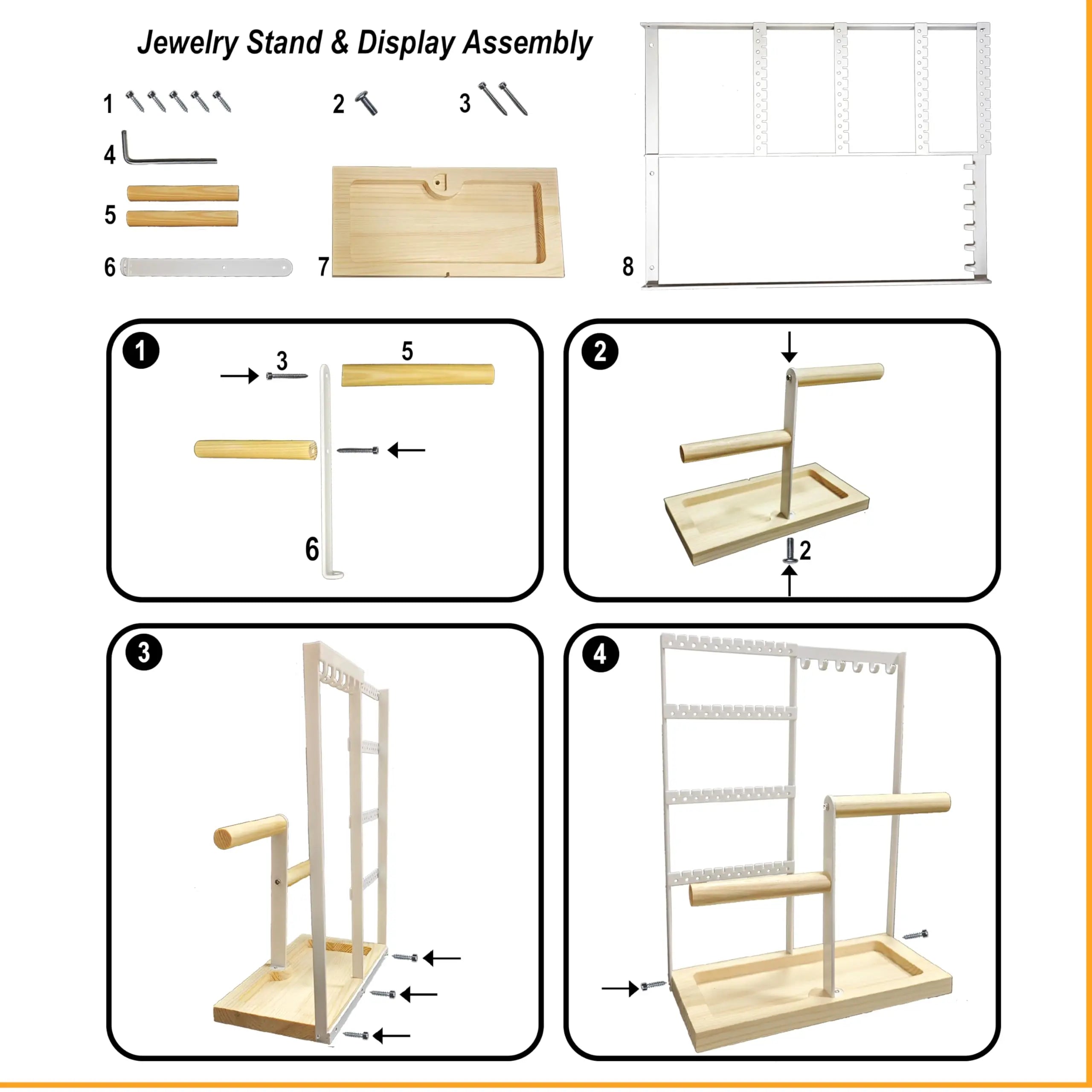 4-Tier Jewelry Organizer Stand – Multi-Level Earring, Necklace & Bracelet Holder with Wooden Tray, White