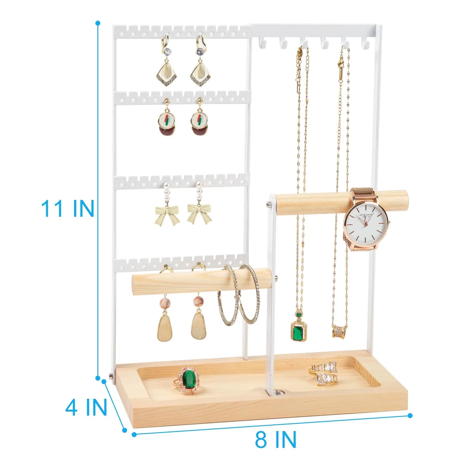 4-Tier Jewelry Organizer Stand – Multi-Level Earring, Necklace & Bracelet Holder with Wooden Tray, White