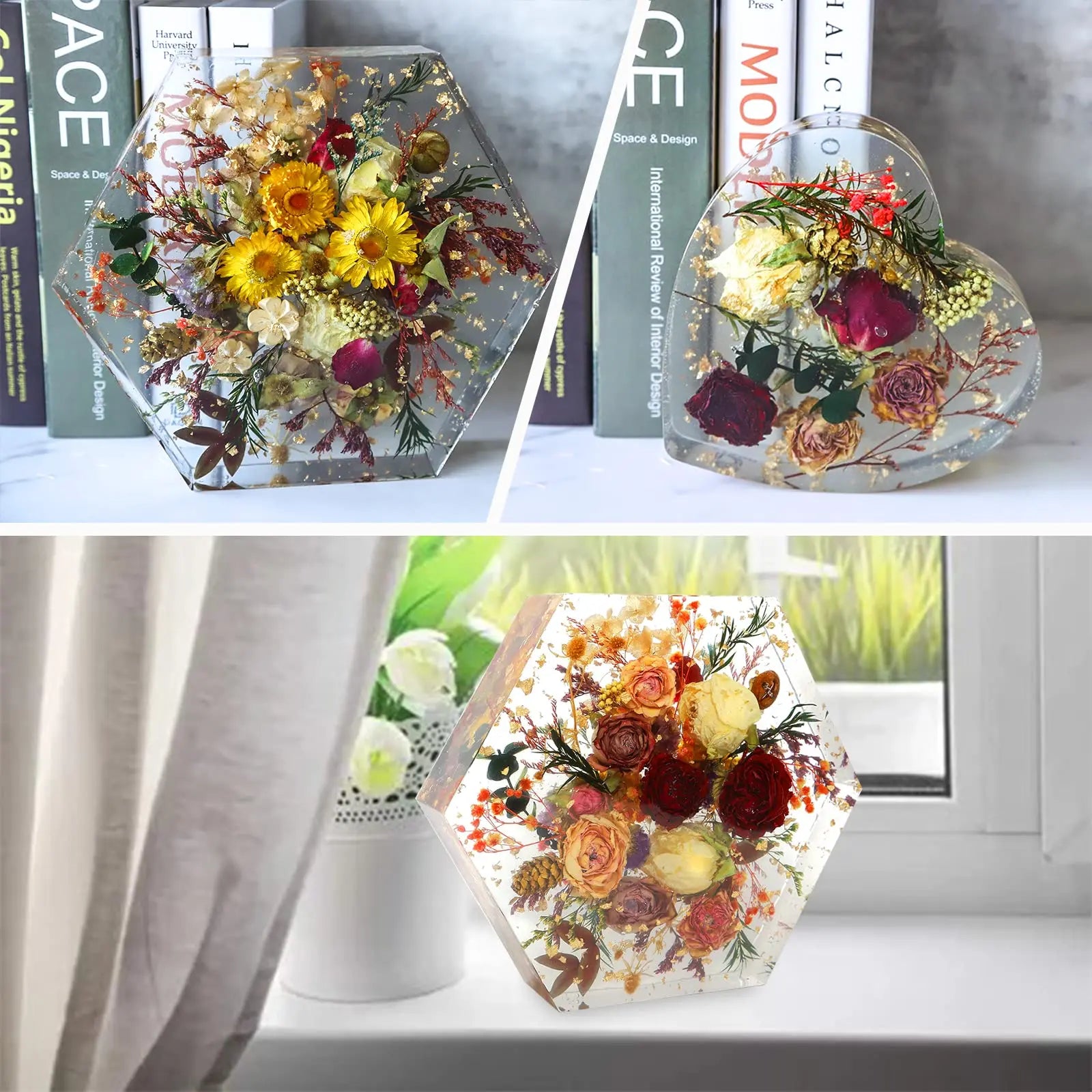 6PCS Resin Molds Silicone Set – Flower Preservation Silicone Molds for Epoxy Bookends & DIY Art