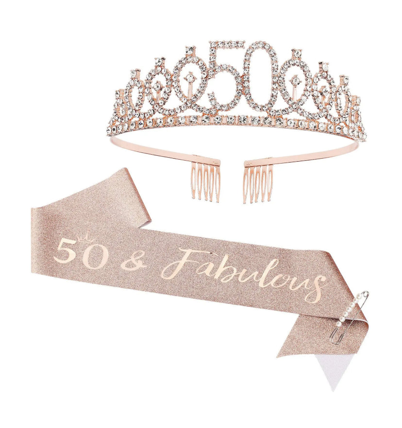 Birthday Set – Glitter Sash + Rhinestone Tiara for Queen of the Day