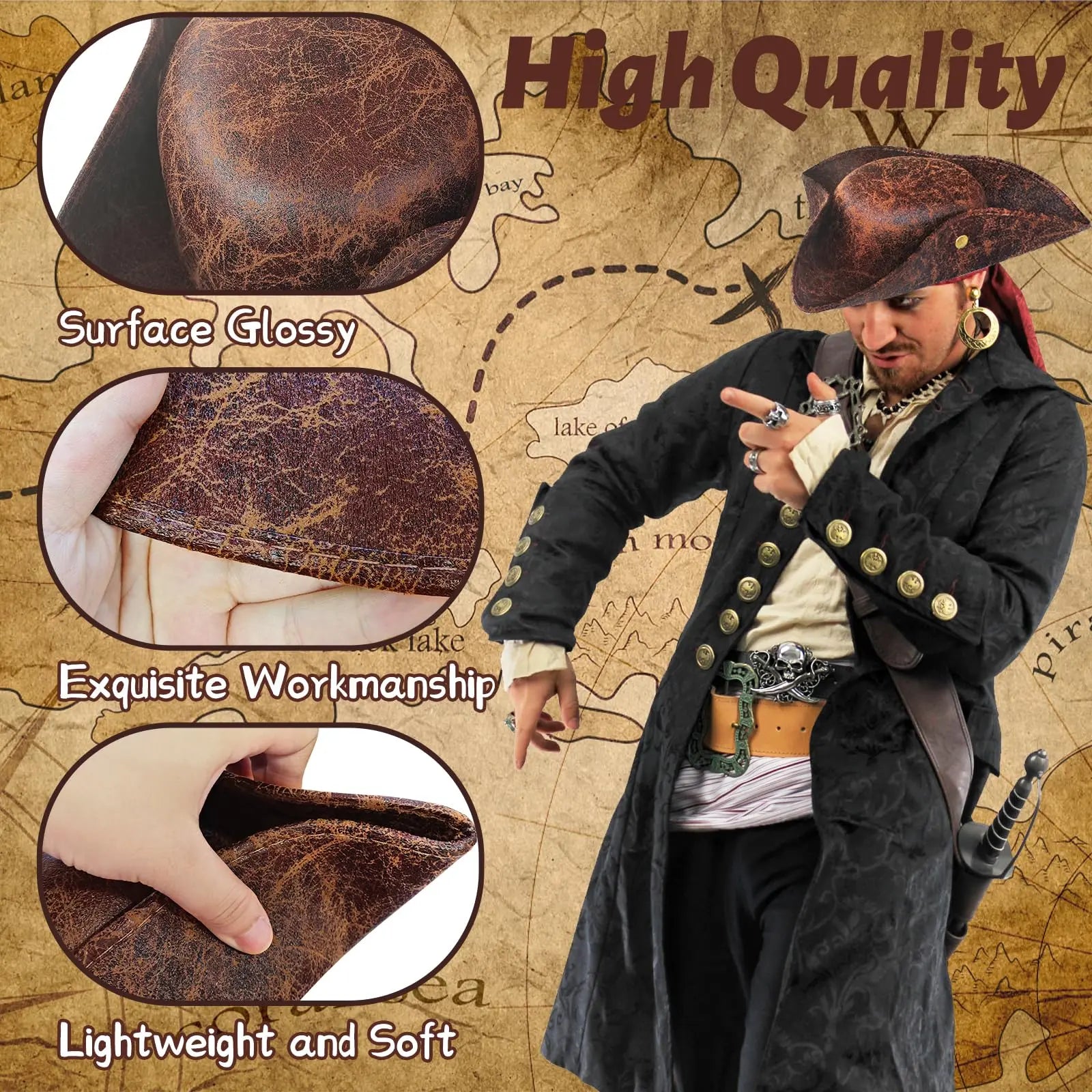 Faux Leather Pirate Hat – Vintage Wrinkle Distressed Tricorn Style Novelty Hat for Men & Women | Halloween & Cosplay Costume Accessory