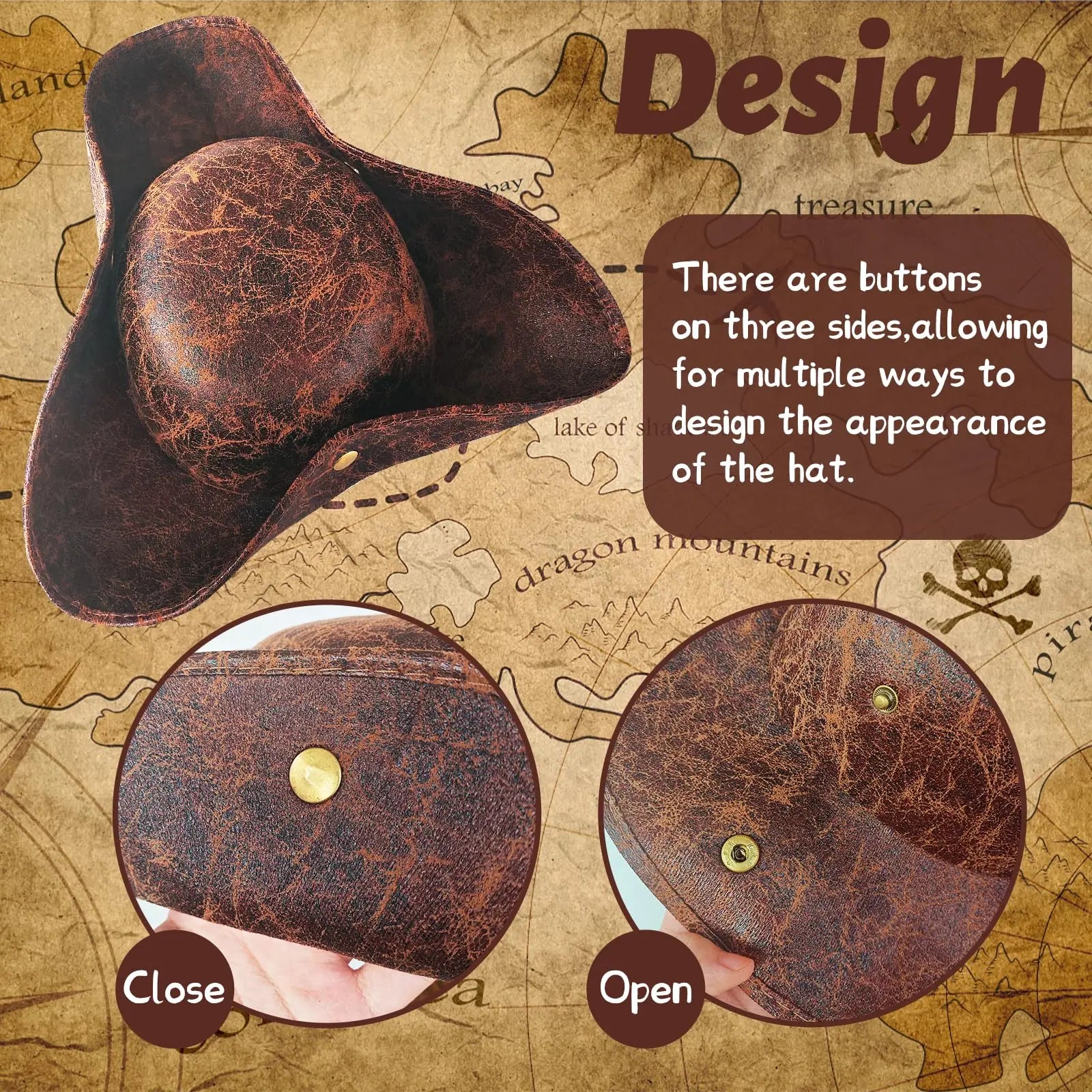 Faux Leather Pirate Hat – Vintage Wrinkle Distressed Tricorn Style Novelty Hat for Men & Women | Halloween & Cosplay Costume Accessory