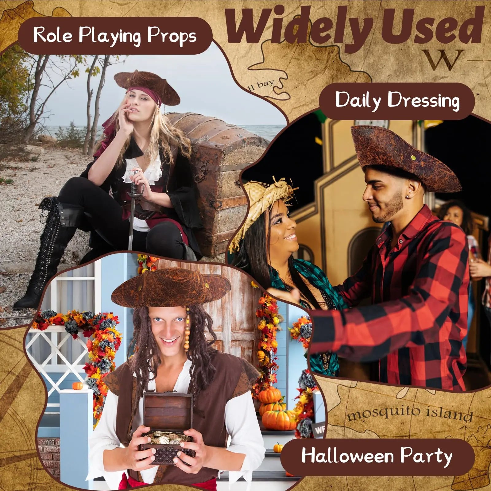 Faux Leather Pirate Hat – Vintage Wrinkle Distressed Tricorn Style Novelty Hat for Men & Women | Halloween & Cosplay Costume Accessory