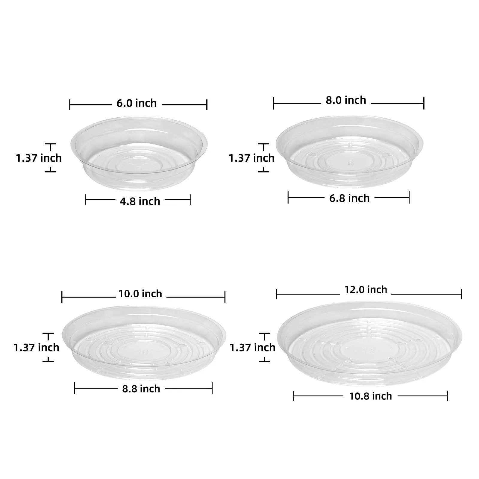 4-Size Clear Plant Saucers – Multi-Pack Drip Trays for Indoor & Outdoor Use (5 of Each Size)