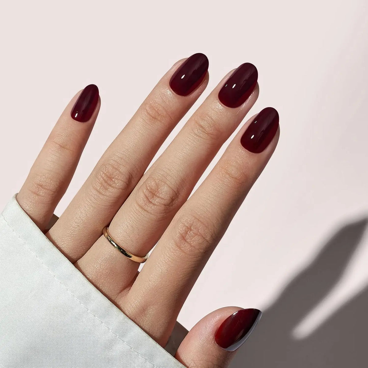 Dark Red Press On Nails Short – Oval Shaped Soft Gel Fake Nails in "Coffee Bean" Shade with Complete Application Kit