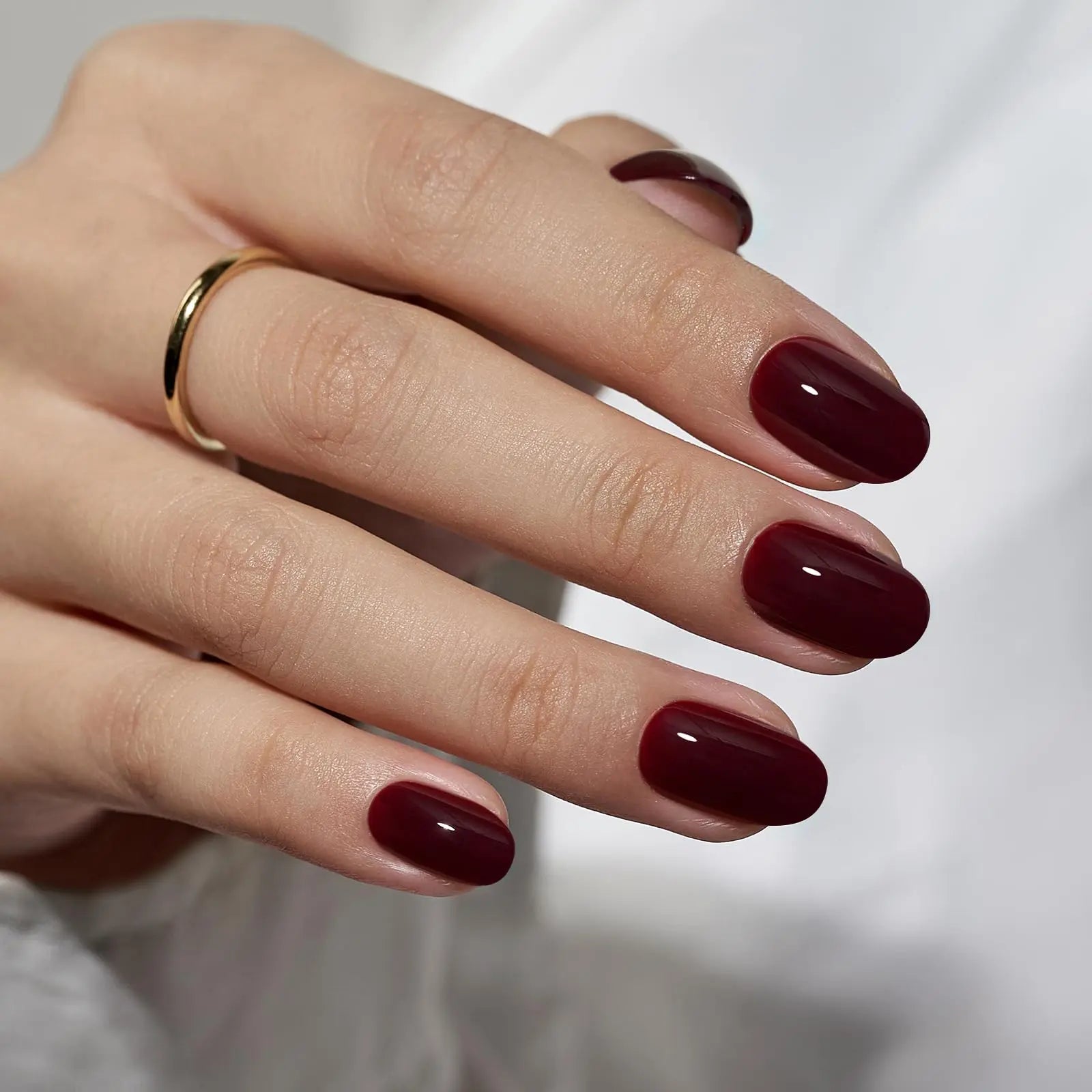 Dark Red Press On Nails Short – Oval Shaped Soft Gel Fake Nails in "Coffee Bean" Shade with Complete Application Kit