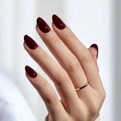 Dark Red Press On Nails Short – Oval Shaped Soft Gel Fake Nails in "Coffee Bean" Shade with Complete Application Kit