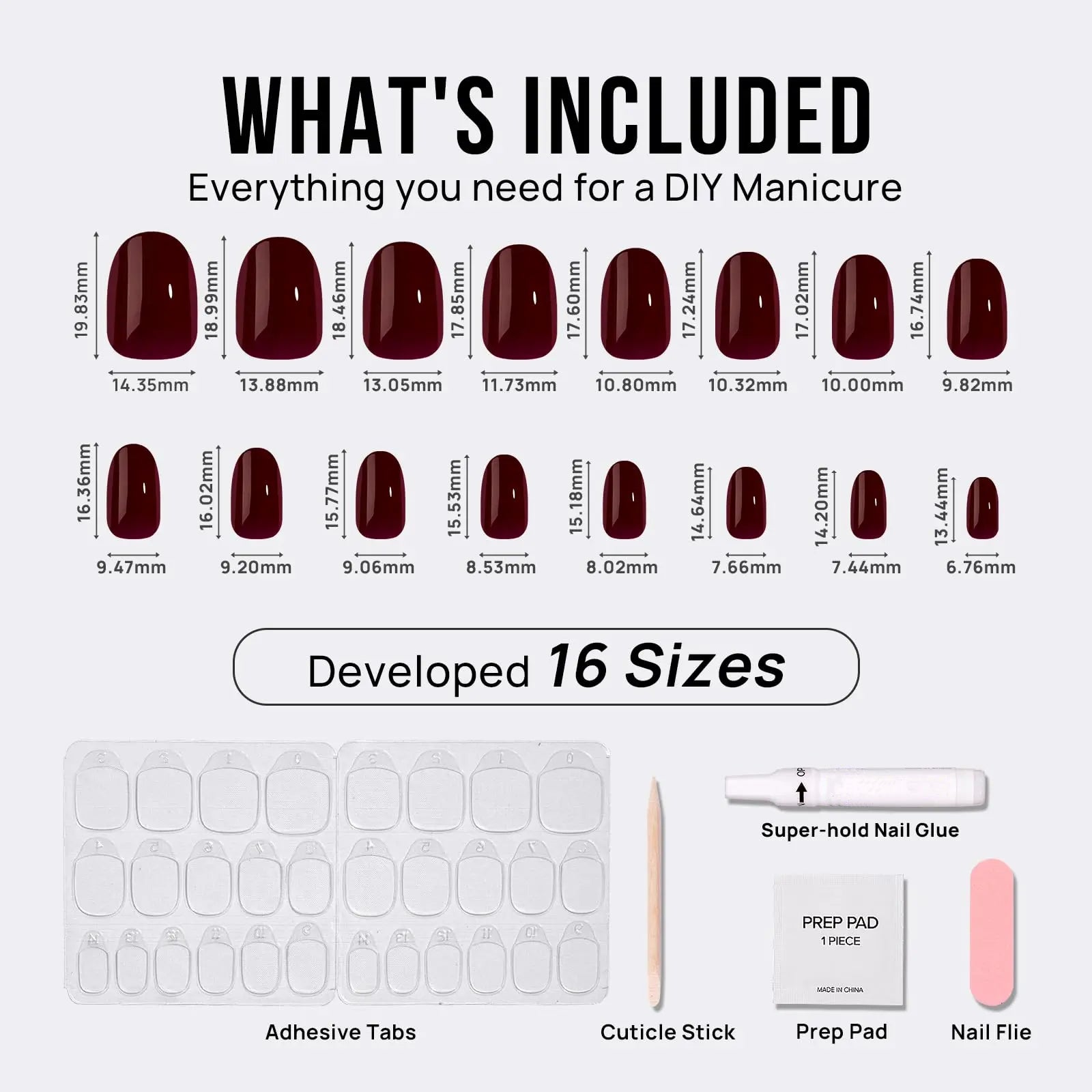 Dark Red Press On Nails Short – Oval Shaped Soft Gel Fake Nails in "Coffee Bean" Shade with Complete Application Kit