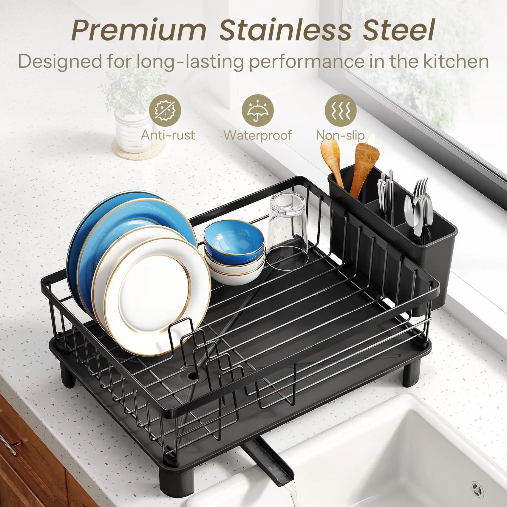 Dish Drying Rack – Space-Saving Stainless Steel Drainer with Utensil Holder & Drainboard