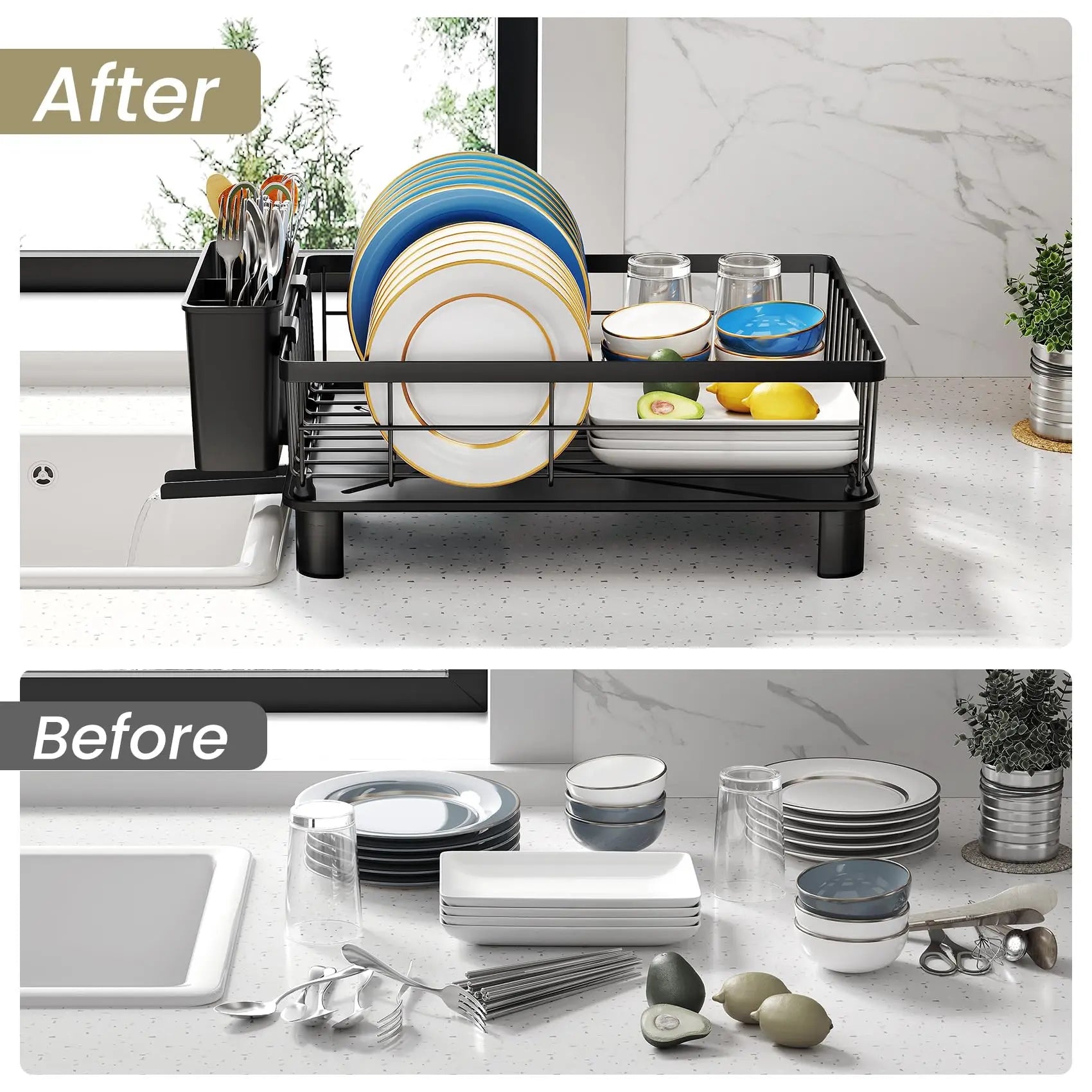 Dish Drying Rack – Space-Saving Stainless Steel Drainer with Utensil Holder & Drainboard