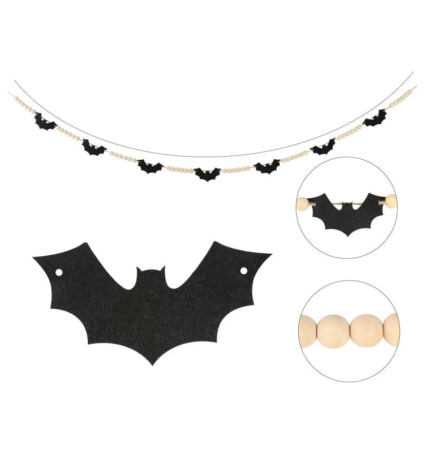 Felt Bats Wood Bead Garland – 5ft Spooky Rustic Halloween Decor with Natural Jute Rope