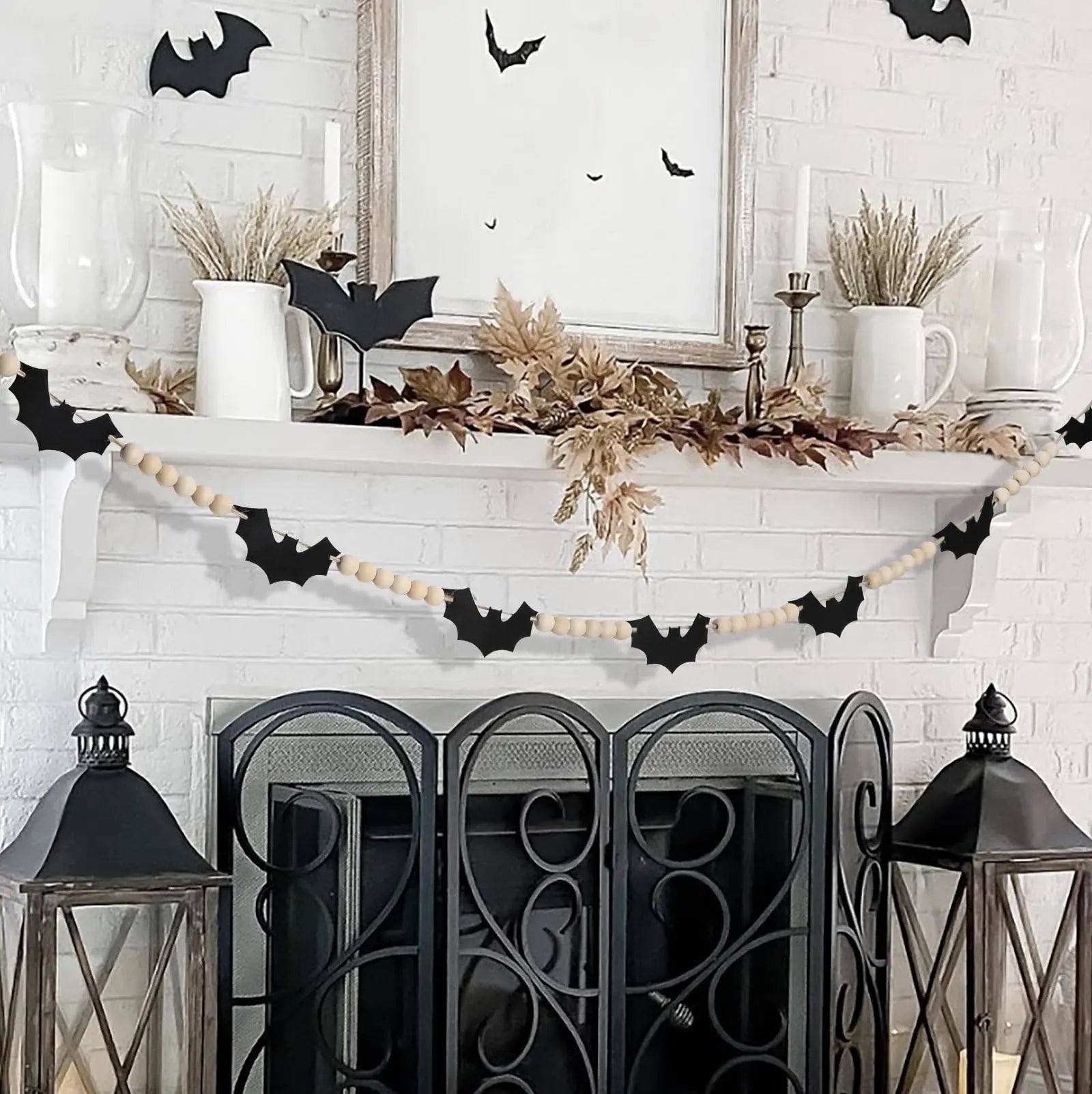 Felt Bats Wood Bead Garland – 5ft Spooky Rustic Halloween Decor with Natural Jute Rope