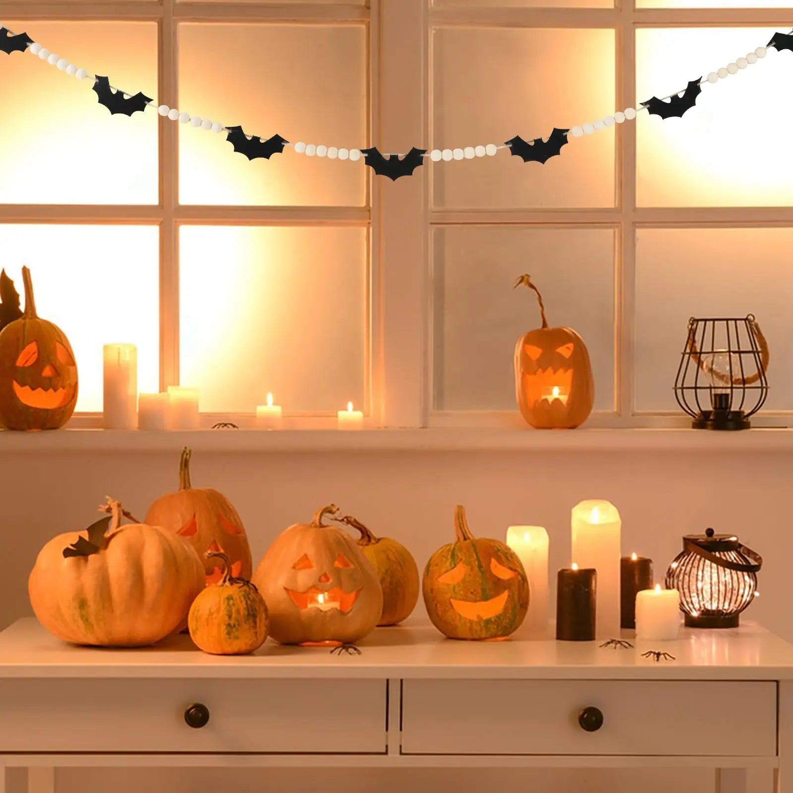 Felt Bats Wood Bead Garland – 5ft Spooky Rustic Halloween Decor with Natural Jute Rope