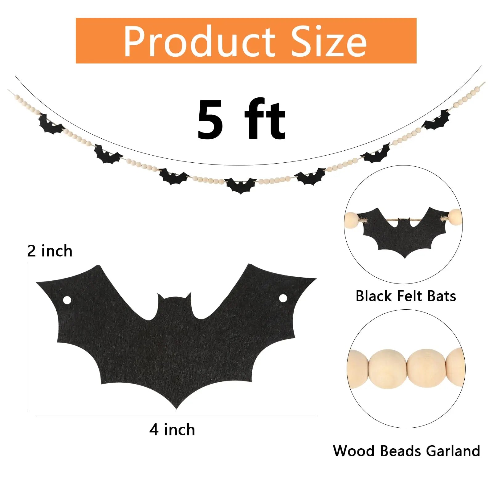 Felt Bats Wood Bead Garland – 5ft Spooky Rustic Halloween Decor with Natural Jute Rope