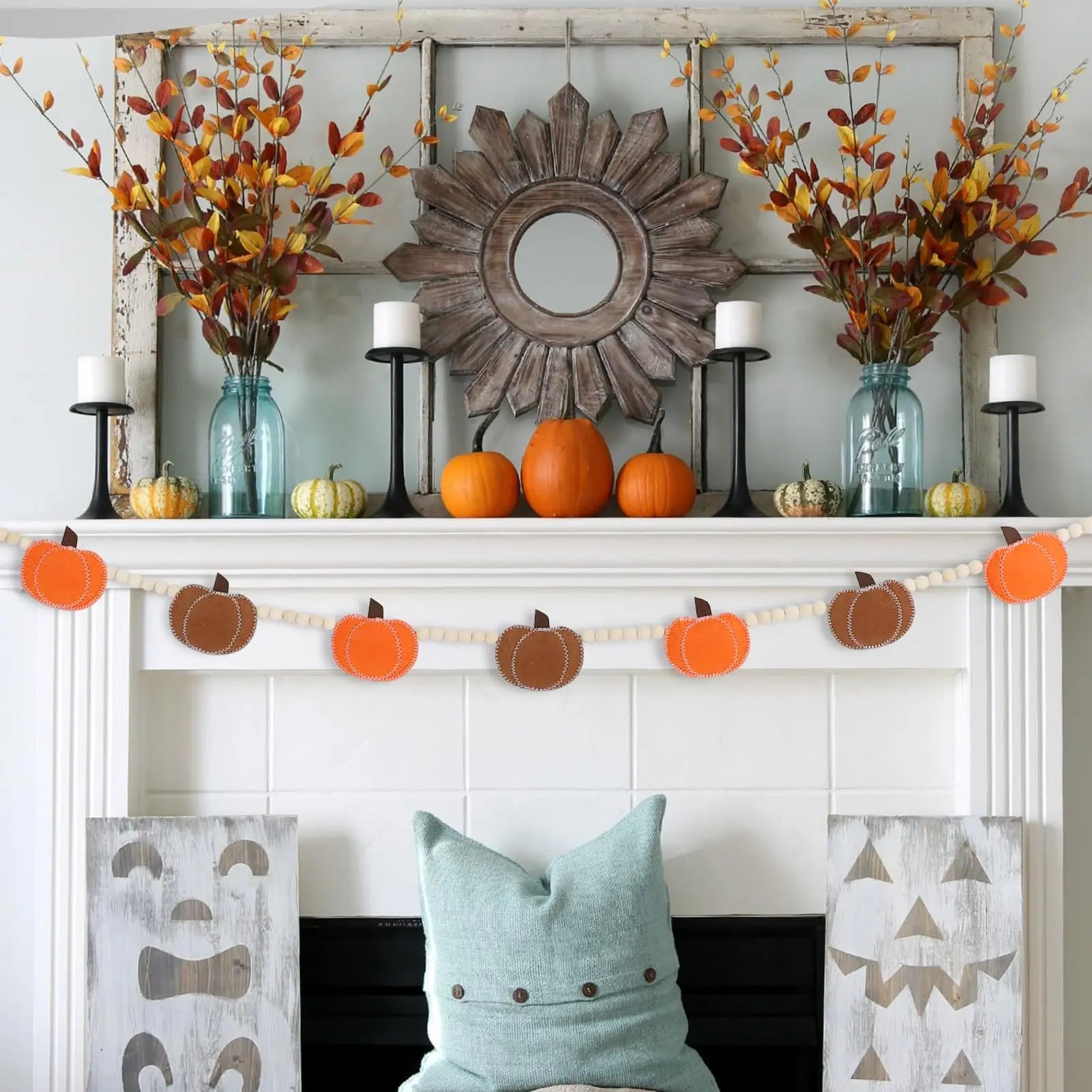 Felt Pumpkin Bead Garland – Boho Chic Fall Decor for Mantel, Shelf & Doorway