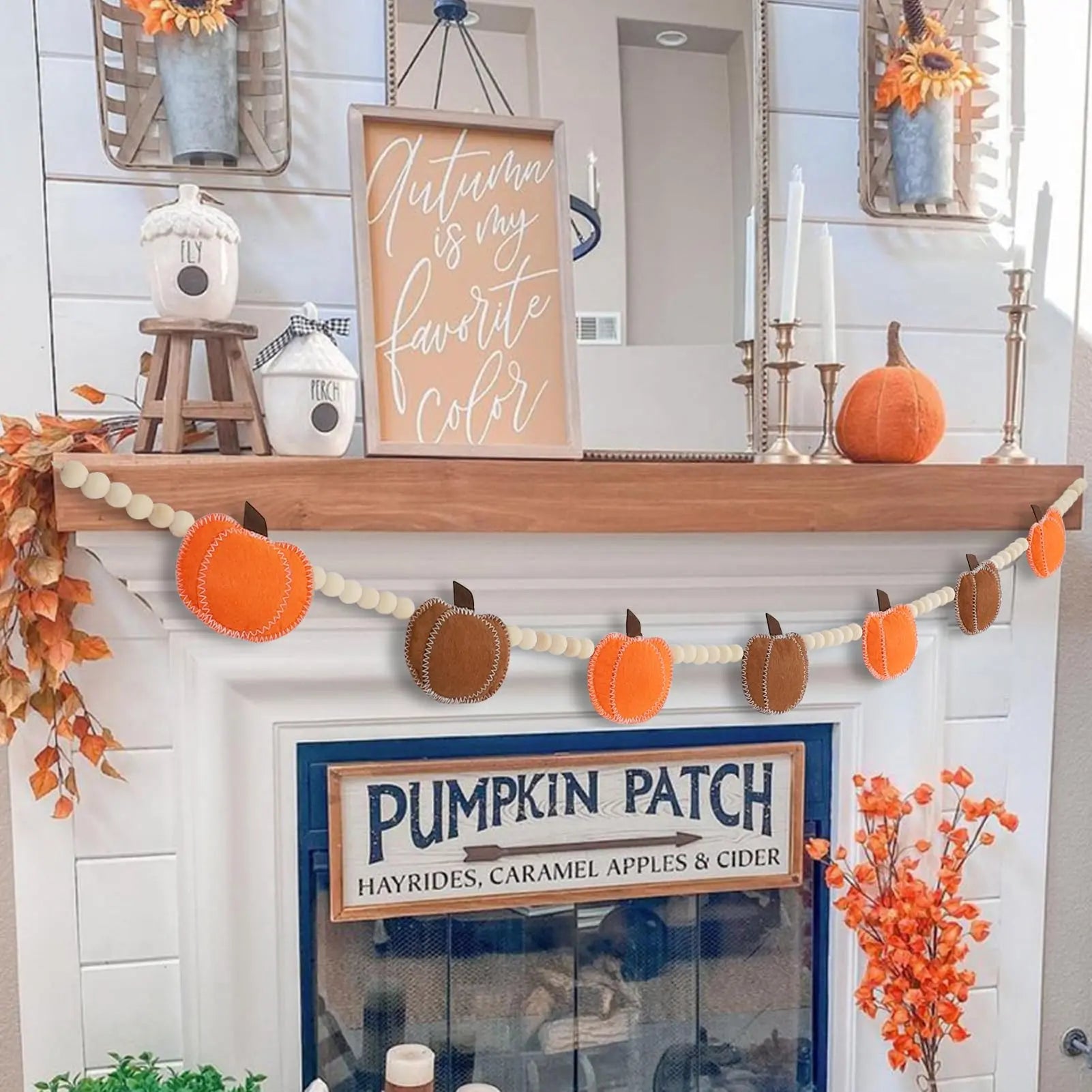 Felt Pumpkin Bead Garland – Boho Chic Fall Decor for Mantel, Shelf & Doorway