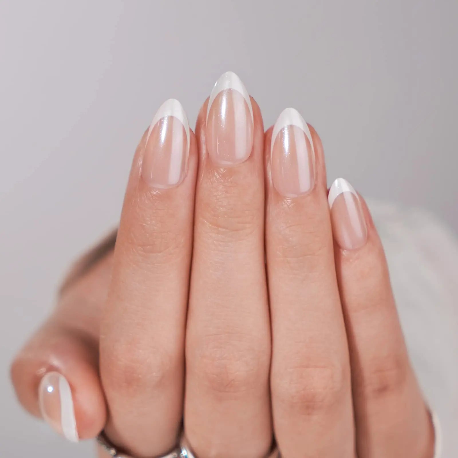 French Tip Press On Nails – Classic White Almond Shaped Reusable Fake Nails with Full Application Kit