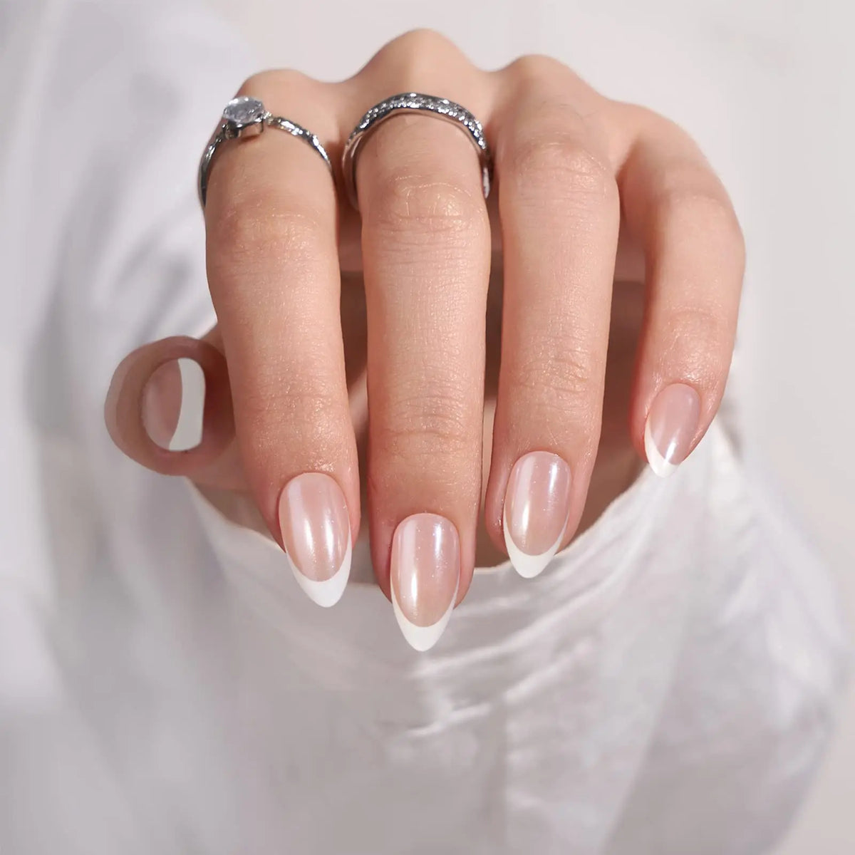 French Tip Press On Nails – Classic White Almond Shaped Reusable Fake Nails with Full Application Kit