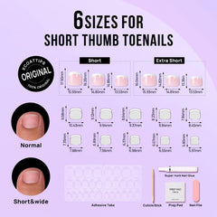 French Tip Press On Toenails – Square White Tip Artificial Toenails in 16 Sizes with Application Kit