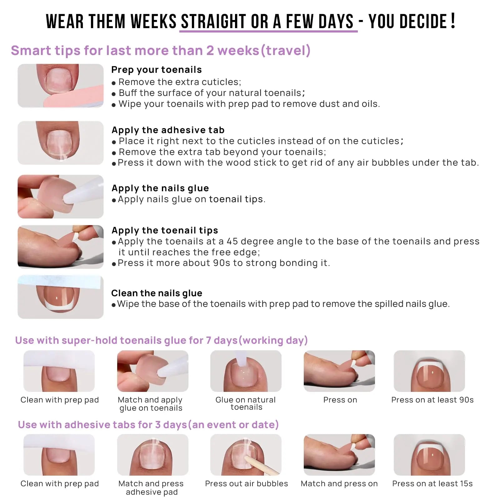 French Tip Press On Toenails – Square White Tip Artificial Toenails in 16 Sizes with Application Kit