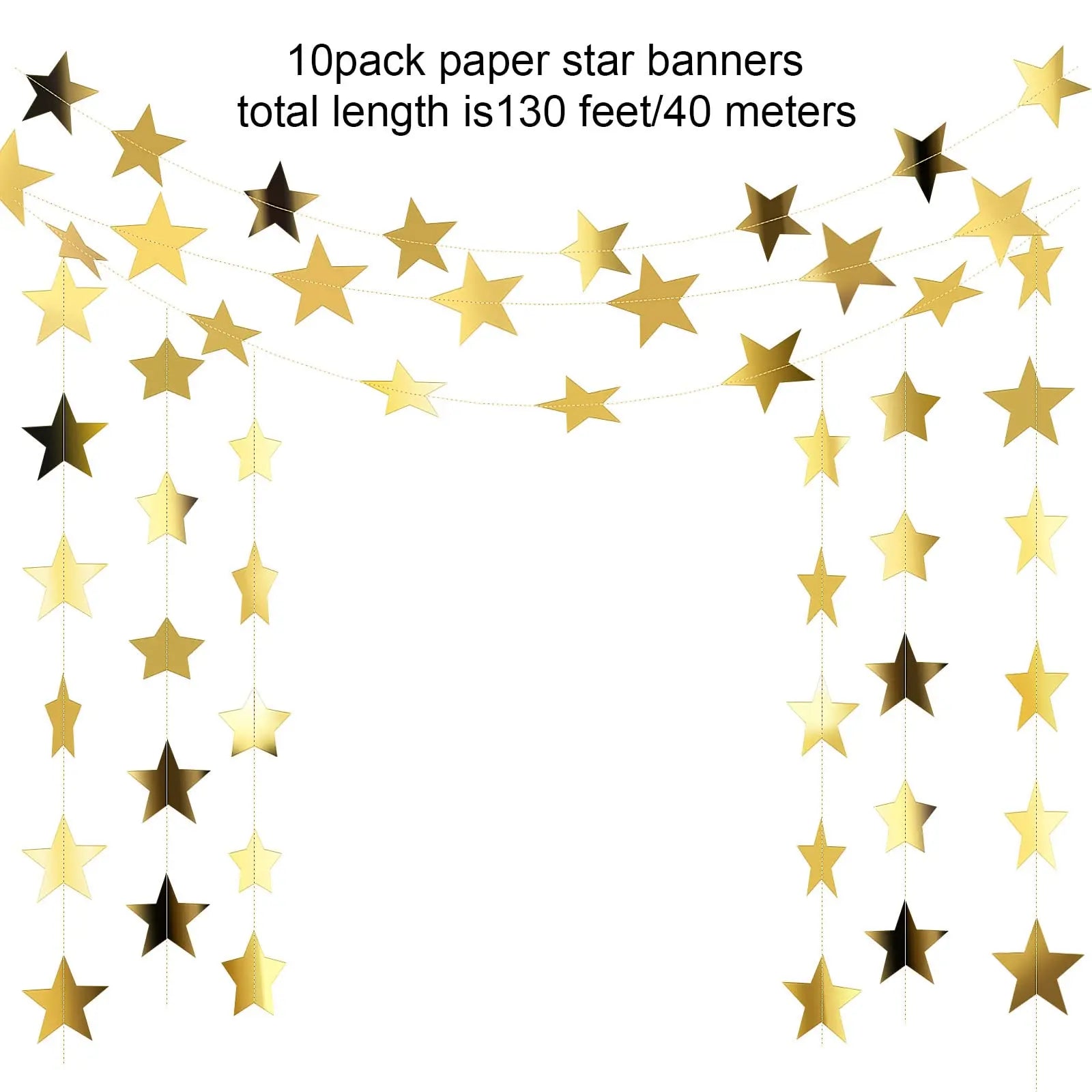 Glitter Star Garland Banner – 130ft Gold Hanging Backdrop for Parties & Events