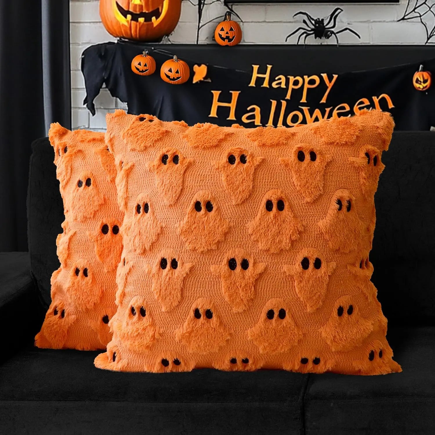 Halloween Ghost Plush Pillow Covers – Soft Plush Faux Fur Farmhouse Fall Decor