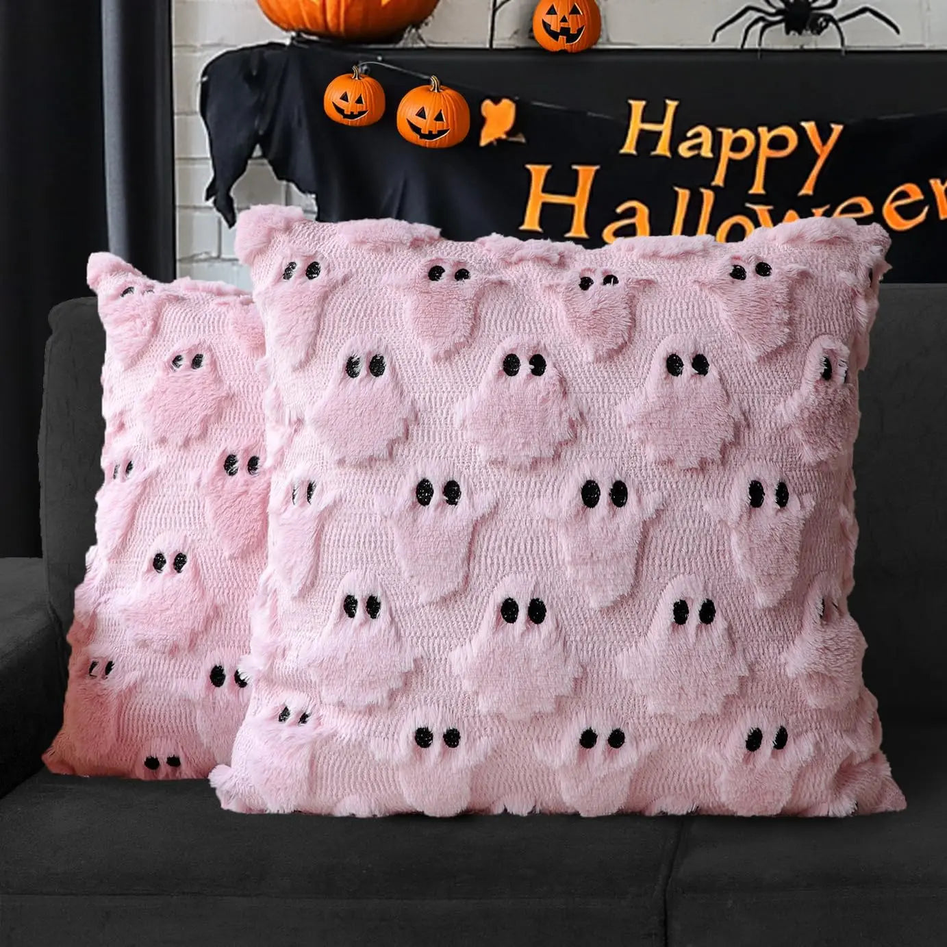 Halloween Ghost Plush Pillow Covers – Soft Plush Faux Fur Farmhouse Fall Decor