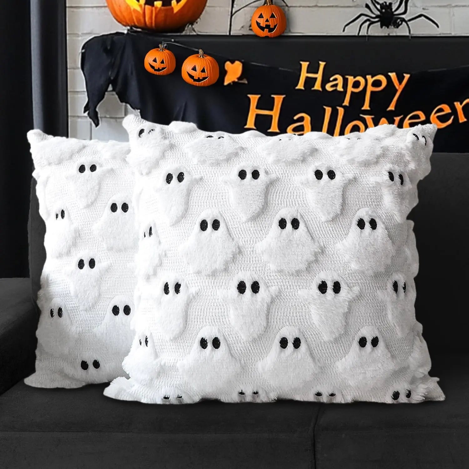 Halloween Ghost Plush Pillow Covers – Soft Plush Faux Fur Farmhouse Fall Decor