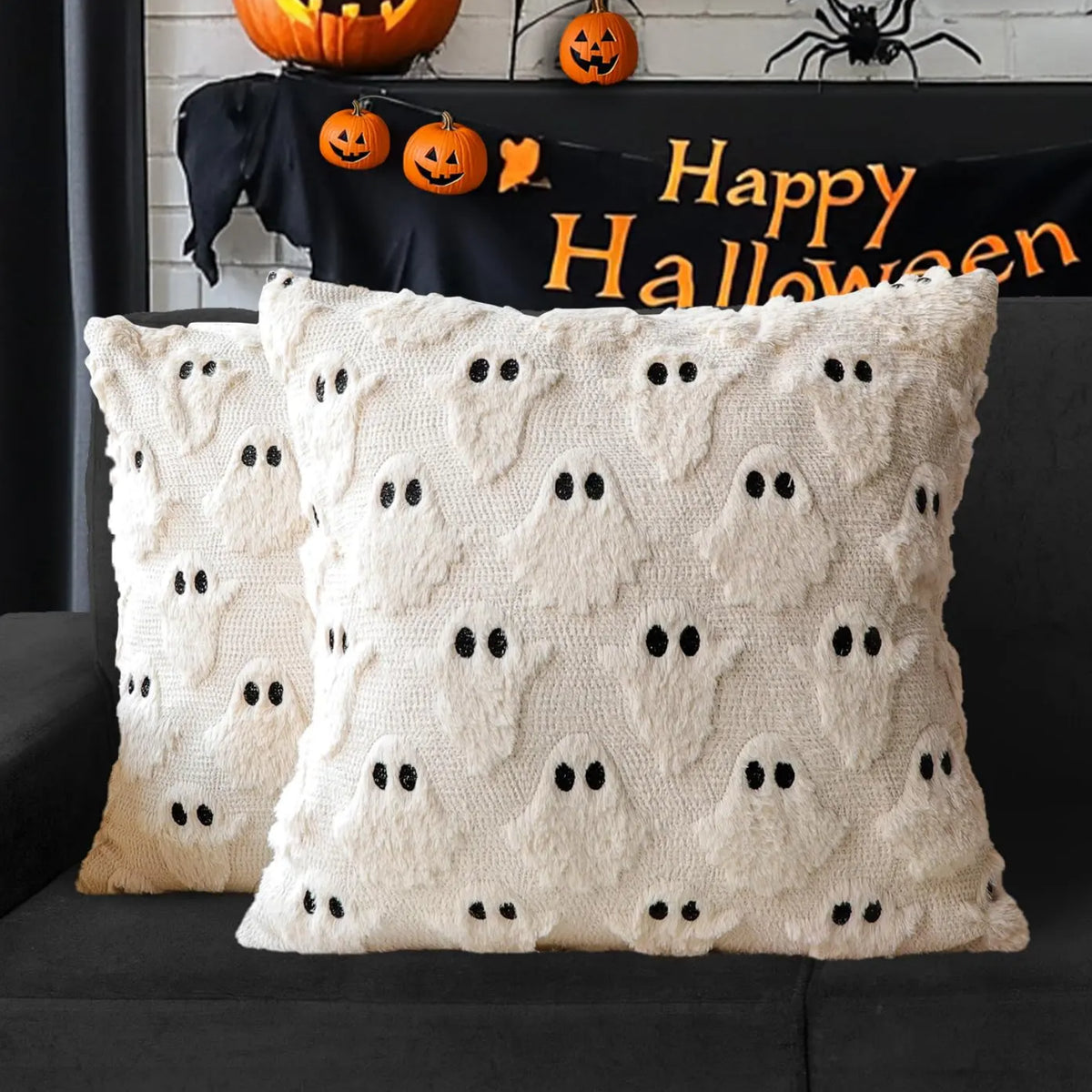 Halloween Ghost Plush Pillow Covers – Soft Plush Faux Fur Farmhouse Fall Decor