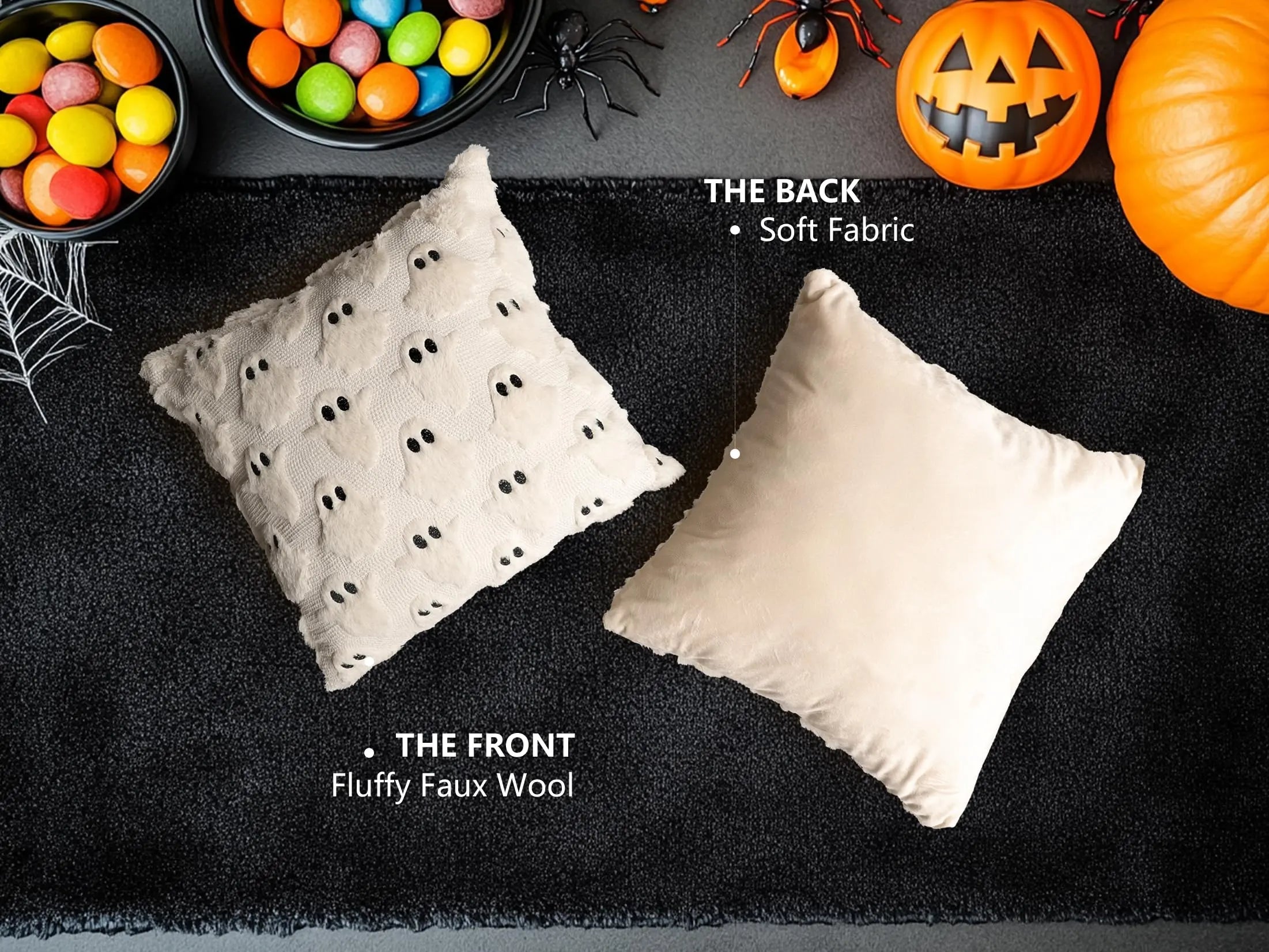 Halloween Ghost Plush Pillow Covers – Soft Plush Faux Fur Farmhouse Fall Decor