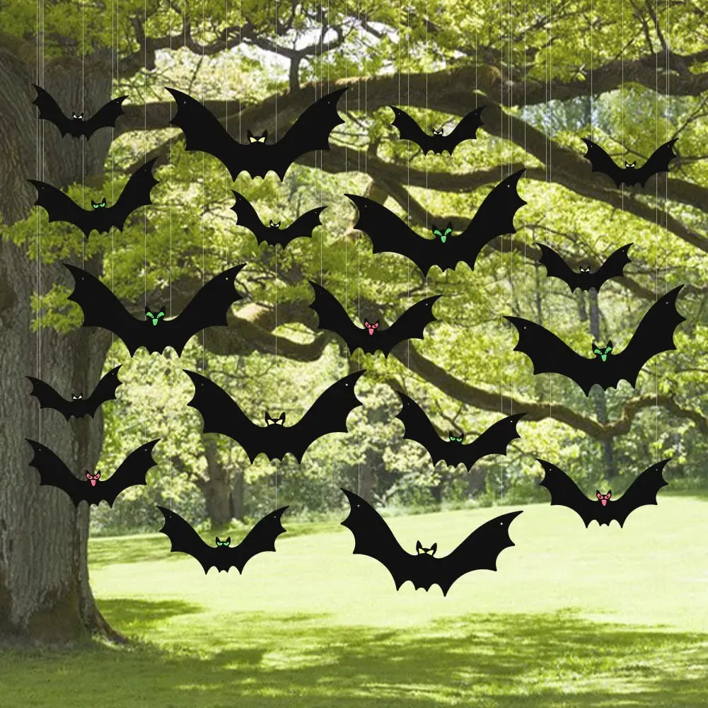 Hanging Bats Halloween Decorations – 18-Pack Outdoor/Indoor Flying Bats with Emoji Eyes & Hanging Kit