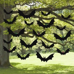 Hanging Bats Halloween Decorations – 18-Pack Outdoor/Indoor Flying Bats with Emoji Eyes & Hanging Kit