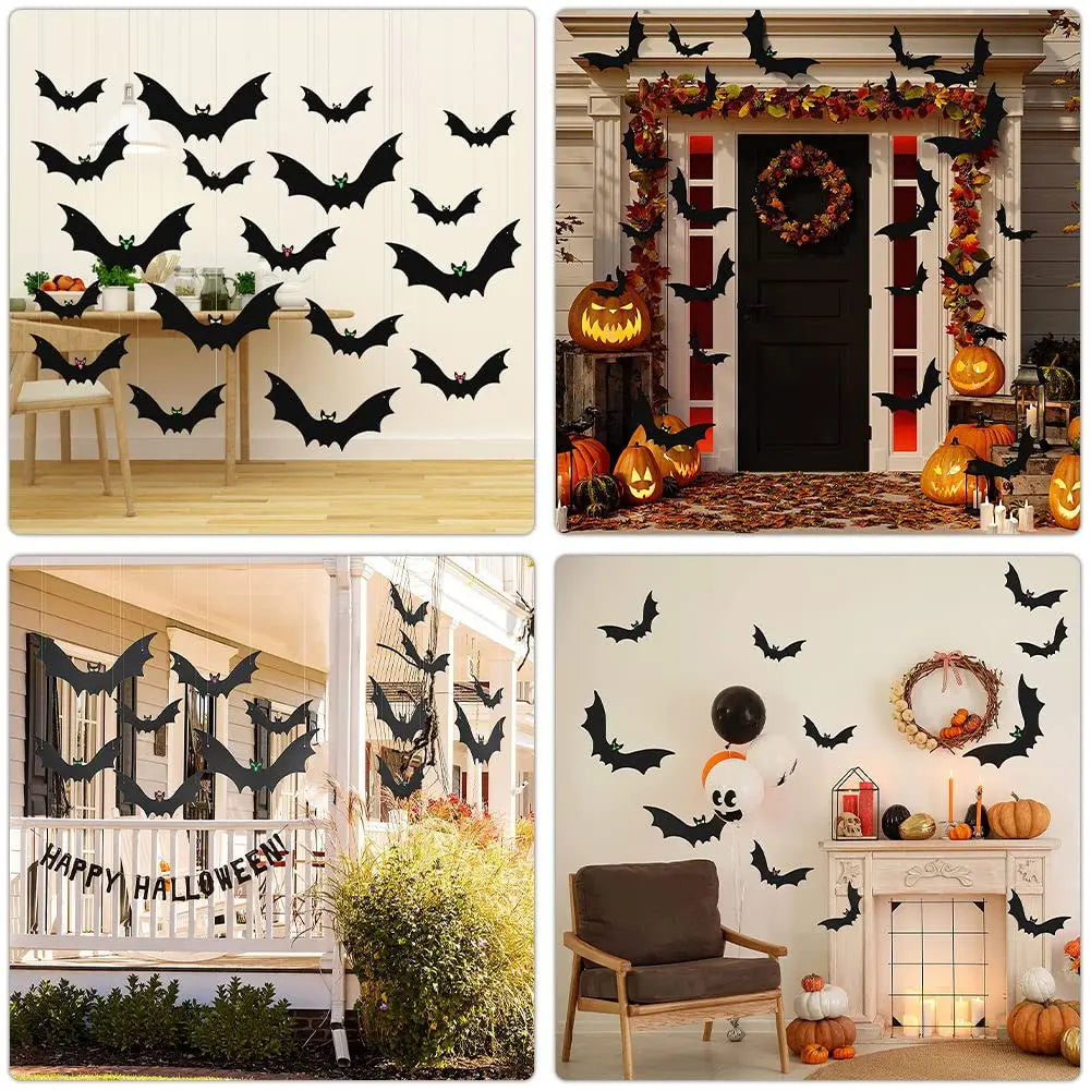 Hanging Bats Halloween Decorations – 18-Pack Outdoor/Indoor Flying Bats with Emoji Eyes & Hanging Kit