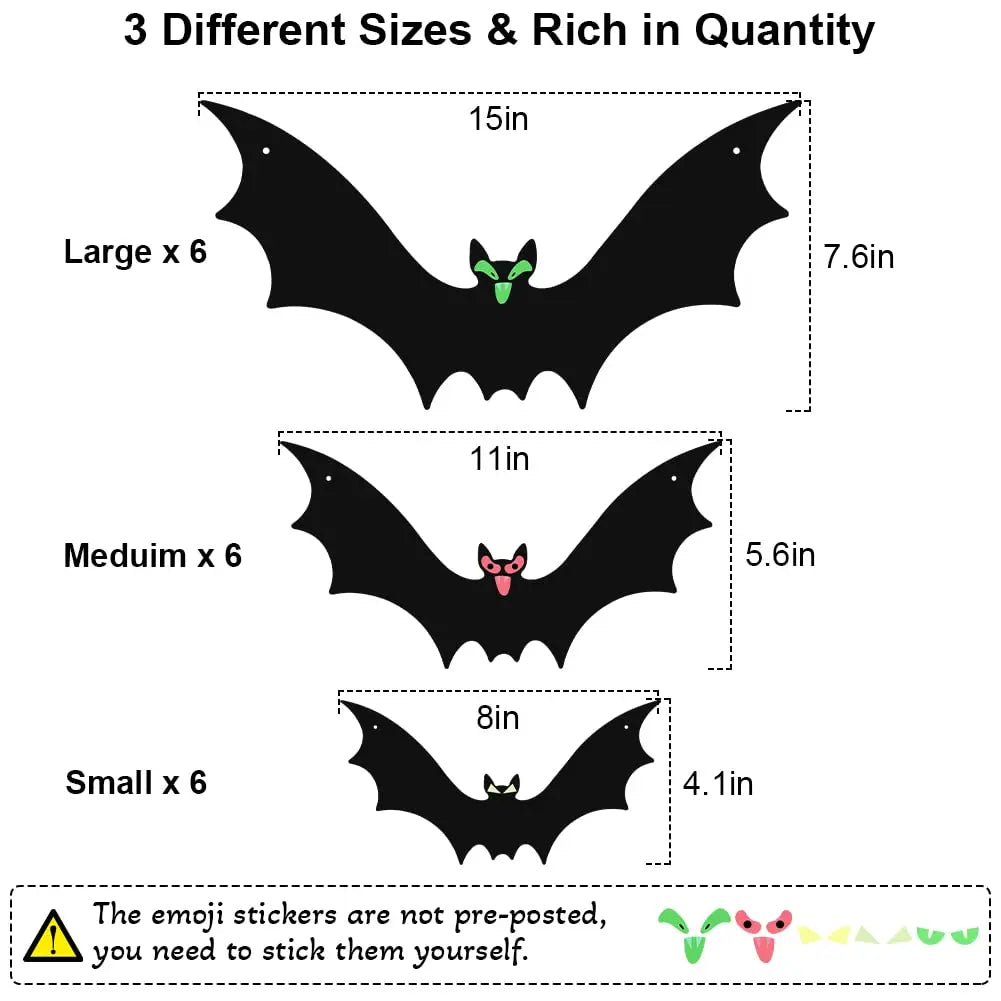 Hanging Bats Halloween Decorations – 18-Pack Outdoor/Indoor Flying Bats with Emoji Eyes & Hanging Kit