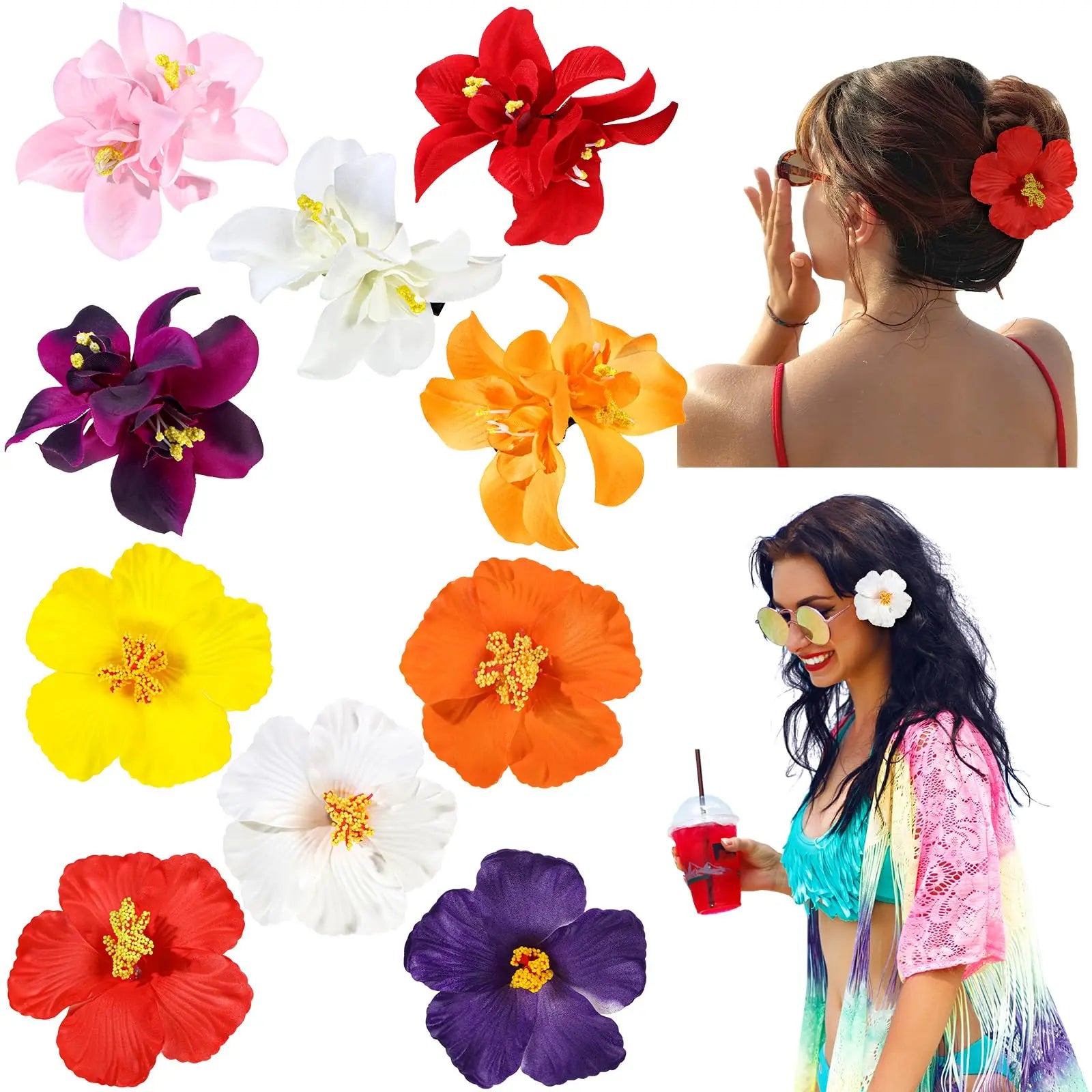 10-Pcs Hawaiian Flower Hair Clips – 3.5 Inch Plumeria & Hibiscus Hair Accessories for Beach, Vacation & Party