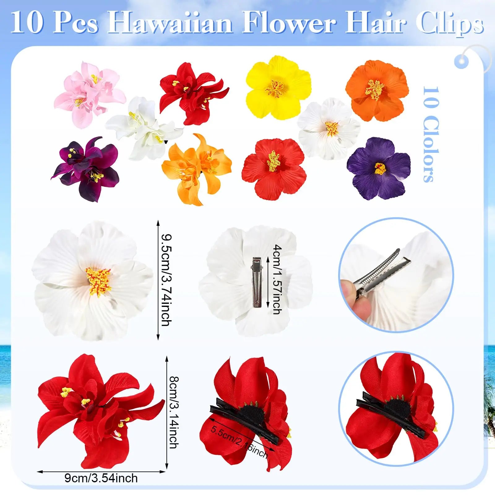 10-Pcs Hawaiian Flower Hair Clips – 3.5 Inch Plumeria & Hibiscus Hair Accessories for Beach, Vacation & Party