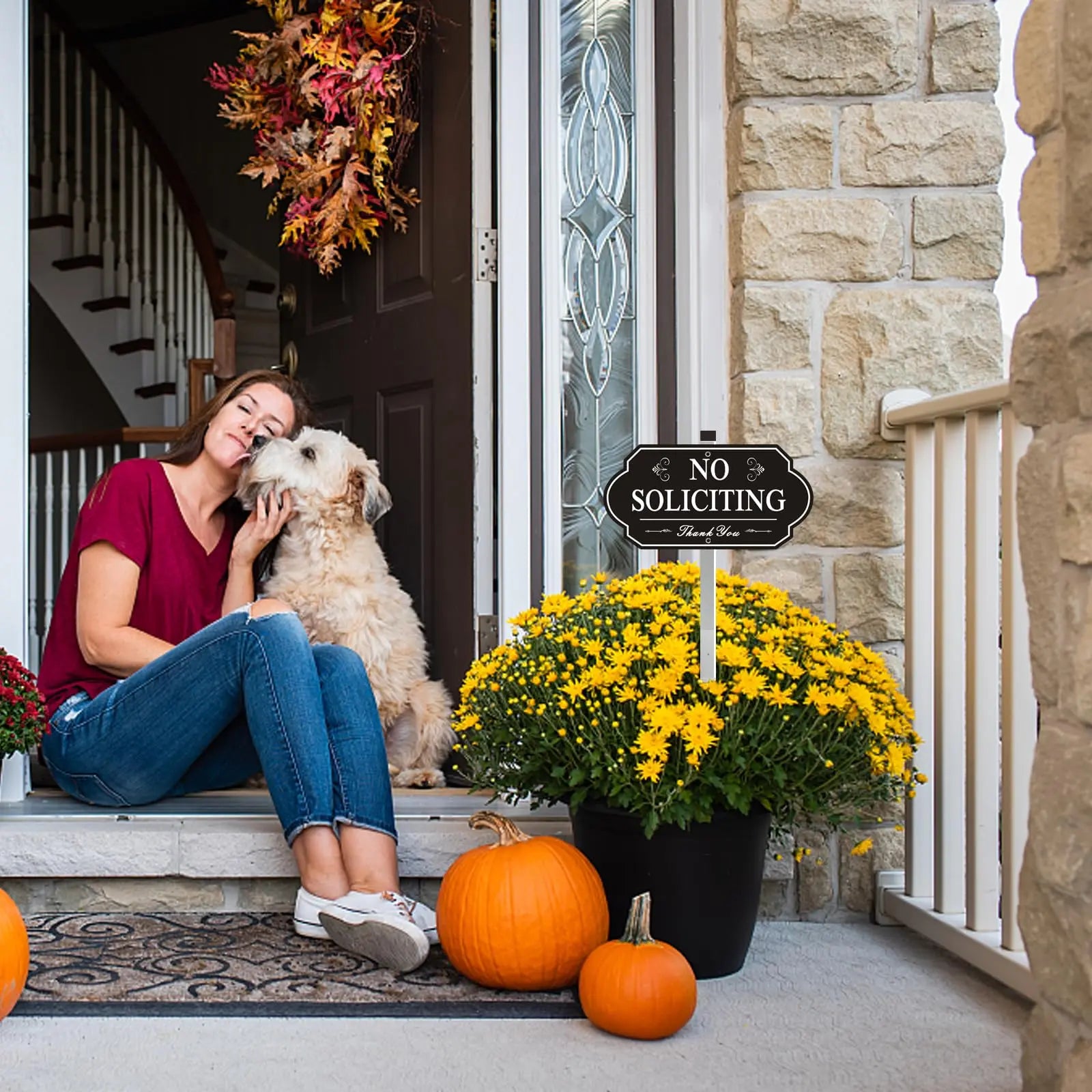 Heavy-Duty Metal No Soliciting Sign – 14" x 7" Aluminum Yard Sign with 28" Stake