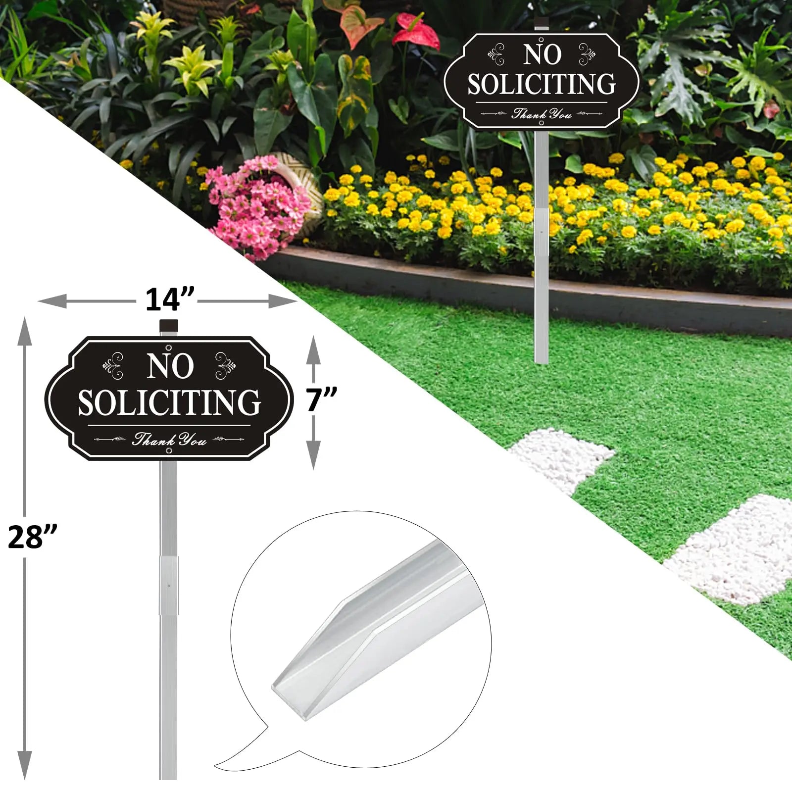 Heavy-Duty Metal No Soliciting Sign – 14" x 7" Aluminum Yard Sign with 28" Stake